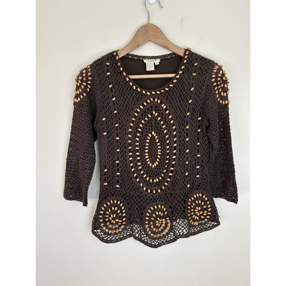 Vintage S Brown Crochet Top Sweater Wooden Beaded Beads Western Boho Hippie Y2K